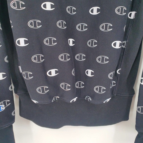 Champion Reverse Weave Hoodie Men's Small Black All Over Logo Side Stretch Flaw - Picture 7 of 14